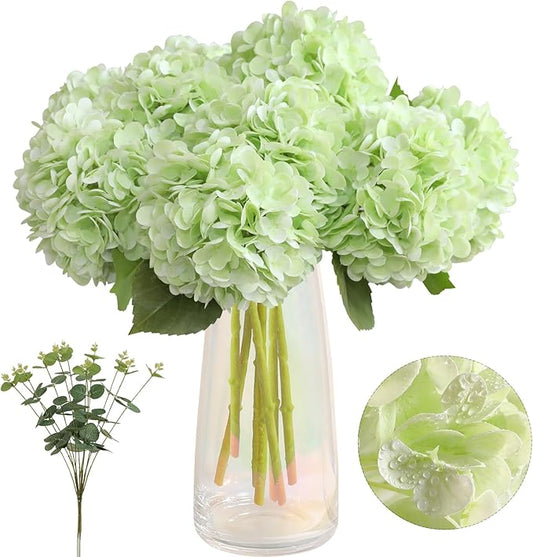 Tifuly Fake Hydrangea Artificial Flowers with Vase 4pcs Real Touch Faux Hydrangea with 3pcs Eucalyptus Stems for Wedding Centerpiece Home Party Table Decoration（Green）