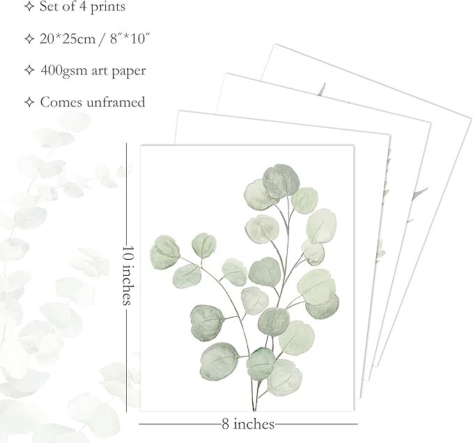 Botanical Boho Bathroom Decor Wall Art Prints, UNFRAMED Sage Green Plants Decor for Bedroom|Office, Minimalist Eucalyptus Leaves Watercolor Art Prints, Set of 4 Pictures, 8"x10" No Frames