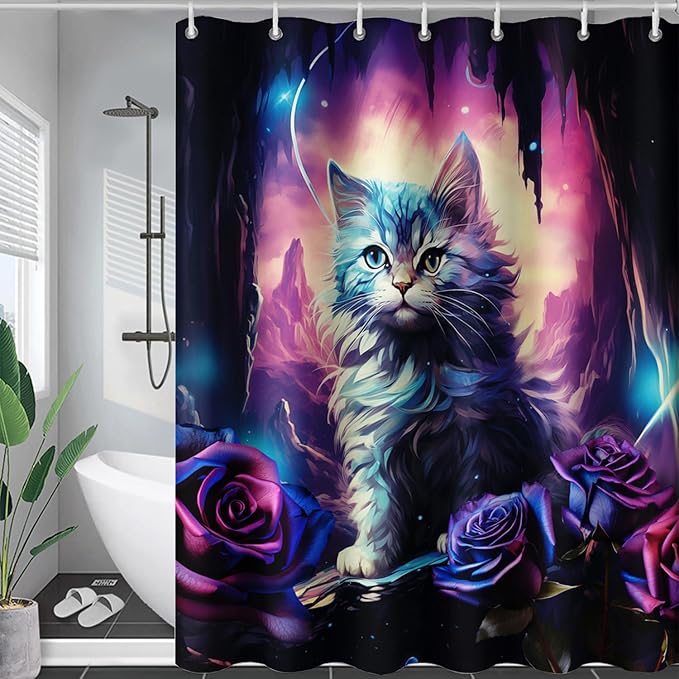 AILONEN Cool Cat Shower Curtains,Purple Rose Cat Bath Curtains for Bathroom Decor,Cave Cat Curtains for Kids,72" W*78" H Polyester Waterproof with 12 Plastic Hooks