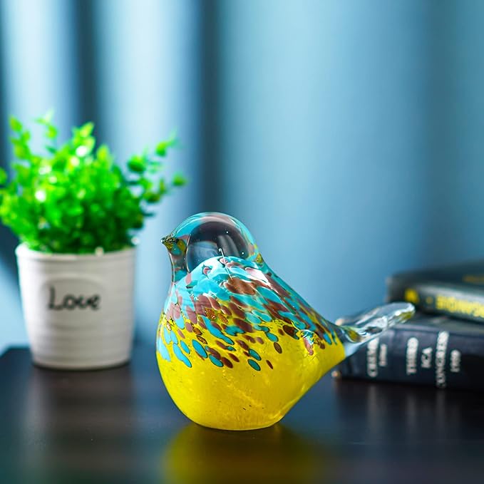 QFkris 6.5'' Blown Glass Bird Figurines Collectibles Multi-Colored Bird Statue Ornament Decor Crystal Animal Paperweight Gift