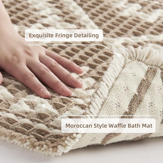 PADOOR-Waffle Bathroom Runner 24"x48", Super Absorbent Bath Mats for Bathroom, Machine Washable Non Slip Bath Rug with Tassels, Soft Bath Mat for Laundry Room, Bedroom, Brown & Cream, 2'x 4'
