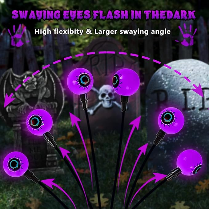 6Pack 36LED Purple Solar Halloween Eyeball Lights Outdoor, Solar Garden Lights Outdoor Waterproof, Firefly Light Swaying by Wind with 2 Modes for Pathway Patio Yard Garden Halloween Decorations