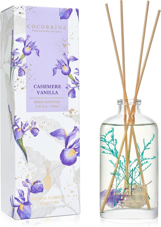 COCORRÍNA Reed Diffuser - Cashmere Vanilla 5.41 oz Flower Reed Diffuser Set with Sticks, Bedroom Bathroom Shelf Decor (Scented Blooms Collection)