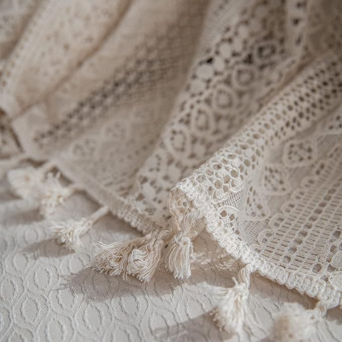 Sutuo Home Boho Curtains Crochet Lace Semi-Sheer Bohemian Hollow Knitted Handmade Tassels, Rod Pocket Window Treatment Vintage Rustic Farmhouse Drapes for Living Bedroom, 1 Panel 59" W x 63" L, Beige