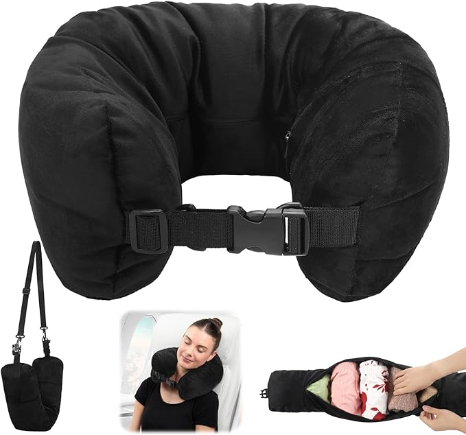Travel Pillow for Extra Luggage,Stuffable Neck Pillow for Travel,Soft Velvet Cover,Adjustable Neck Size,Holds 3 Days of Travel Essentials,Travel Hacks,Multifunctional Packable Neck Pillow