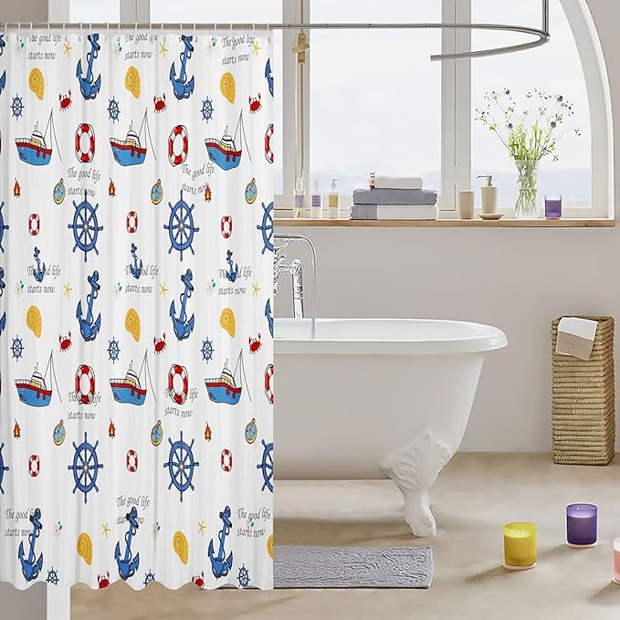 Feelyou Anchor Decor Shower Curtain 72"x78" Kids Sailboat Printed Bathroom Shower Curtain Set for Boys Girls Teens Nautical Compass Print Bath Curtain Ocean Marine Themed Bathroom Accessories