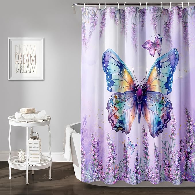 AILONEN Butterfly Shower Curtain for Bathroom, Purple Lavender Bath Curtain Decor,Flower Butterfly Waterproof Shower Curtain with 12 Plastic Hooks (Kids/Girls/Women/Teens) 72" W*78" H