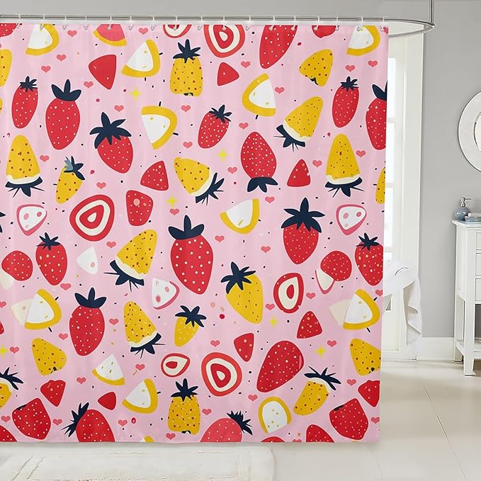 Feelyou Strawberry Fabric Shower Curtain Colour Shower Curtain for Kids Boys Girls Tropical Fruit Print Bathroom Waterproof Accessories with 12 Hooks Fresh Pineapple Pattern Curtains,72x72 Inches