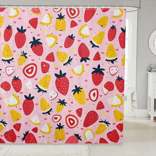 Feelyou Strawberry Fabric Shower Curtain Colour Shower Curtain for Kids Boys Girls Tropical Fruit Print Bathroom Waterproof Accessories with 12 Hooks Fresh Pineapple Pattern Curtains,72x72 Inches