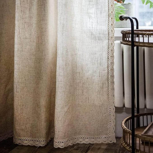 ColorBird Farmhouse Linen Curtains 84 inches Long, 2 Panels Macrame Trim Light Filtering Curtains Rustic Rod Pocket Window Treatments for Dining Living Room Bedroom Doorways