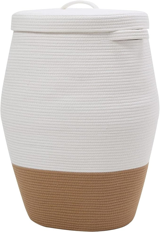 26" x 20" Tall Extra Large Storage Basket with Lid, Cotton Rope Storage Baskets, Woven Laundry Hamper with Cover, Cloth Storage Bin, for Clothes Towels Blanket in Living Room, White/Camel Bottom