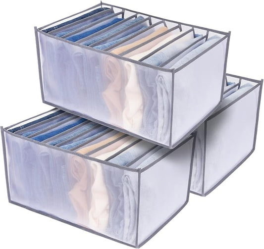 TOOVREN Jeans Organizer Extra Large 9 Grids, Closet Organizer with Foldable Drawer Compartments, Washable Clothing Storage Box 3-Pack