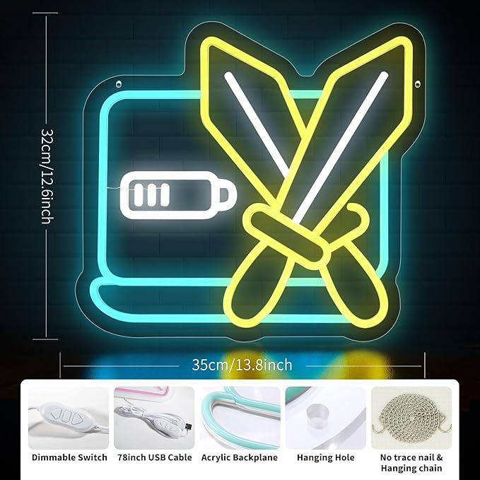 Neon Sign for Wall Decor, Gamer Neon Light for Man Cave, Crossed Swords LED Sign with Dimming Switch for Boys Kids, Teen Gaming Room, Bedroom, Bar Decor, Party Decorations, 5V USB Power Adapter