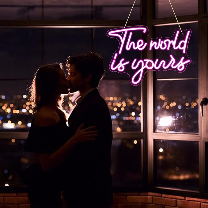 Lucunstar The World Is Yours Neon Sign - Pink Led Neon Light for Wall Decor, USB Powered Sign for Wedding, Engagement, Bedroom