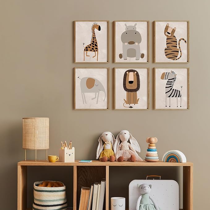 Canssape Set of 6 Safari Nursery Wall Decor | 8"x10"Cute Jungle Animal Nursery Wall Decor | Cartoon Lion Baby Wall posters(Unframed)