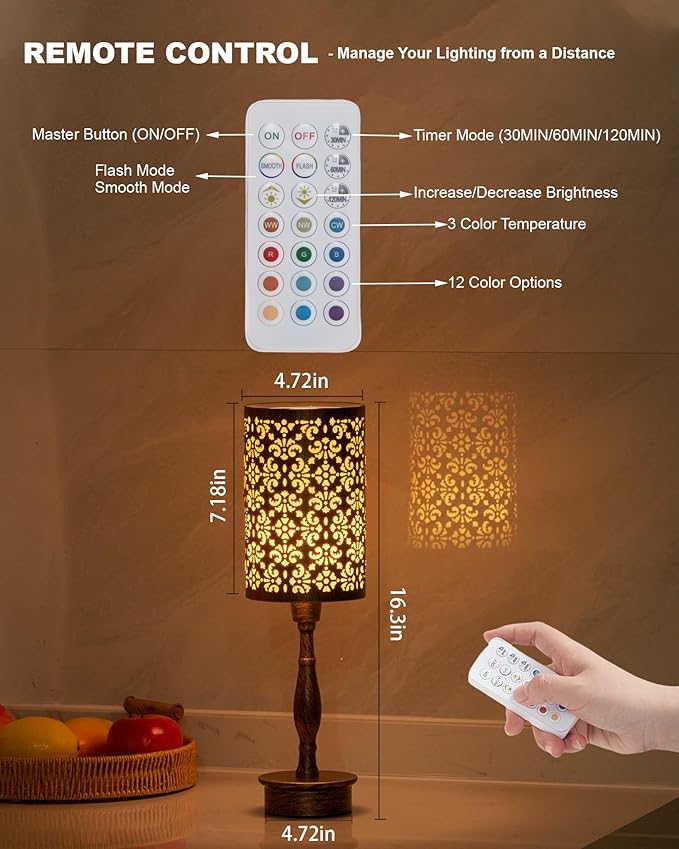 UMEXUS Cordless Table Lamp with Remote, Timer & Dimmer, RGB Small Rechargeable Battery Operated, Touch Bedside Night Lights, Antique Bronze Ambient Lighting, Patio Dining Side End Table Lamp