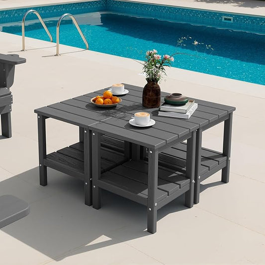 SERWALL 2-Tier HDPE Outdoor Side Tables Set of 4, Weatherproof Rectangular Adirondack Side Table, Gray
