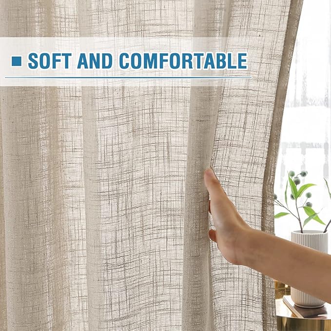 H.VERSAILTEX Linen Curtains Natural Linen Blended Curtains for Living Room Burlap Linen Textured Curtains Light Filtering Nickel Grommet Curtains Bedroom Curtains 2 Panel Sets, 52" x 63", Angora