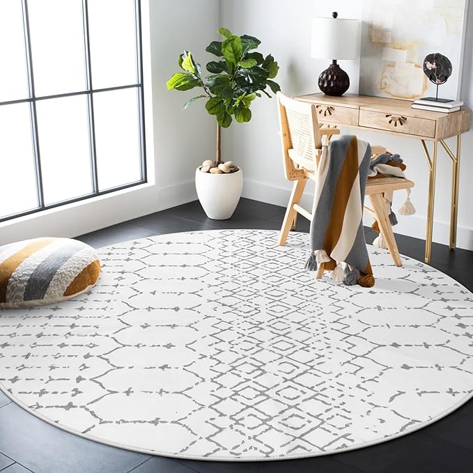 Lahome Moroccan Circle Rug - 6Ft Washable Large Round Area Rugs for Living Room Non-Slip Low-Pile Dining Room Rugs for Under Table, Modern Geometric Print White Circular Rug for Office Bedroom Nursery