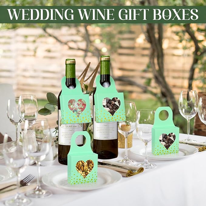 Megitzuu 50 Pieces Wine Bottle Box with Window, Green Wine Boxes for Gifts Hanging Foldable Wine Gift Boxes Kraft Paper Wine Bottle Hanger Favor Box for Holding Candy Truffles Chocolate Cookies