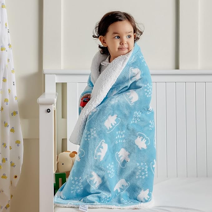 DaysU Plush Flannel Sherpa Baby Blanket for Girls Boys, Portable Reversible Soft Micro Fleece Baby Crib Throw Blanket with Animal Print for Newborn and Nursery, Polar Bear, 30"x40"
