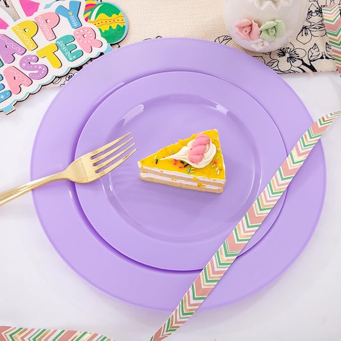 FLOWERCAT 60PCS Easter Plates - Purple Plastic Plates - Heavy Duty Purple Plates Disposable for Easter Party/Wedding - Include 30PCS 10.25" Purple Dinner Plates and 30PCS 7.5" Purple Dessert Plates