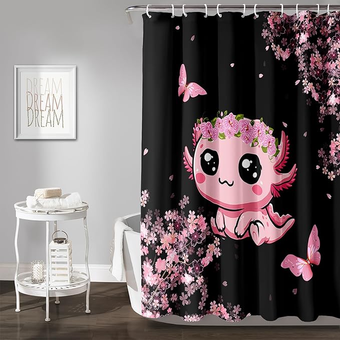 AILONEN Cute Cartoon Axolotl Kawaii Shower Curtain,Pink Cherry Blossom Floral Bath Curtain,Animal Axolotl Butterfly Waterproof Black Curtain for Bathroom, 60" W x 72" H