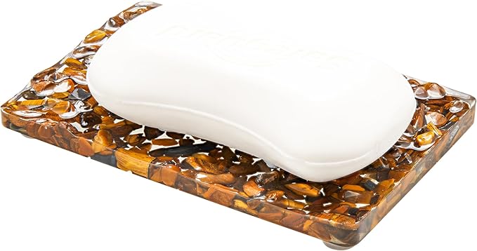 Handmade Tiger Eye Stone Rectangle Bar Soap Holder with Drainage Function, Crystal Dish for Shower and Bathroom Decor, Natural Soap Tray to Keep The Soap Dry Resin Kitchen Decoration(Tiger Eye Stone)