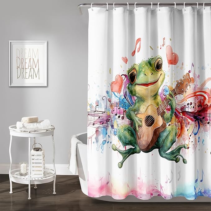 AILONEN Cartoon Frog Shower Curtain,Green Guitar Frog Bathroom Curtain for Kids Boys Girls,Kawaii Forg Animal Shower Curtains for Bathroom,Tie-Dye Theme Bathroom Curtain,72" W*96" H