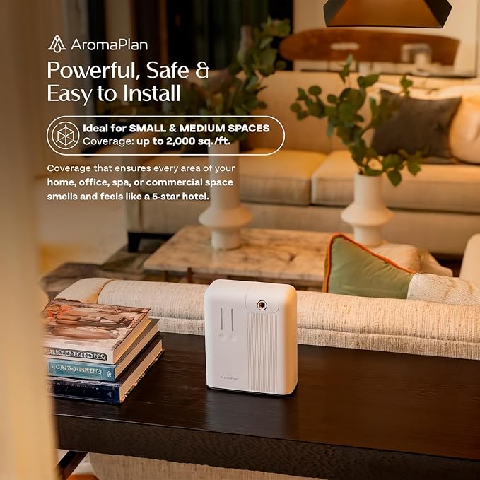 AromaPlan 2025 Waterless HVAC Scent Diffuser Whole House & Commercial Diffuser, 2 Fragrances Included-Smart, Cold-Air Waterless Scent Air- App Control, AC, 2000 Sq. Ft Coverage,White