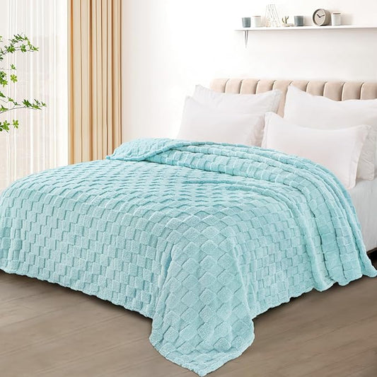 Exclusivo Mezcla Twin Size Flannel Fleece Blanket, Super Soft and Warm Lightweight Checkered Pattern Blankets for All Seasons, 60x80 Inches, Light Blue