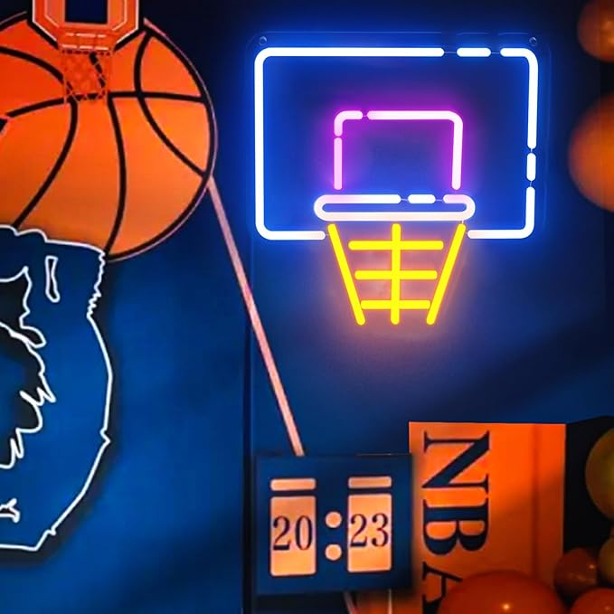Basketball Hoop Neon Sign for Wall Decor, LED Sign with Dimming Switch for Sports Fans, Kids, Man Cave, Bedroom, Home Accessories, Bar Decor, Party & Holiday Decorations - 13.8" x 12.6"