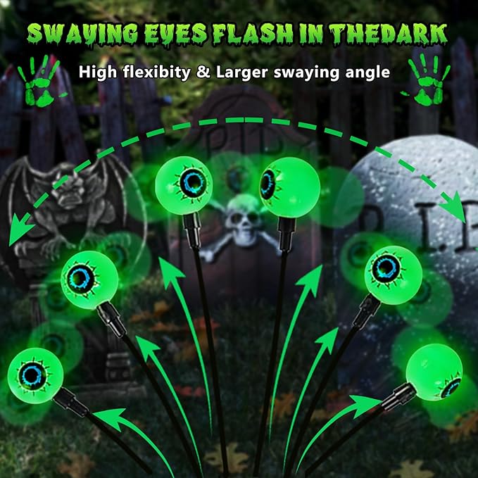 8Pack 48LED Green Solar Halloween Eyeball Lights Outdoor, Solar Garden Lights Outdoor Waterproof, Firefly Light Swaying by Wind with 2 Modes for Pathway Patio Yard Garden Halloween Decorations