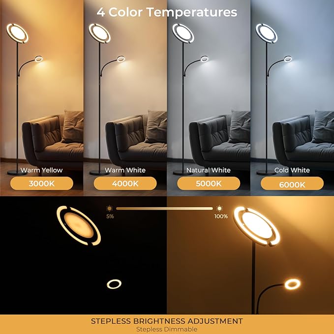 FIMEI 3 in 1 Floor Lamp, Modern Bright Standing Lamp with Split Rotatable Outer Ring Light and Small Reading Light, 4 Color Temperature and Dimmable, 3-Way Independent Control for Living Room Office