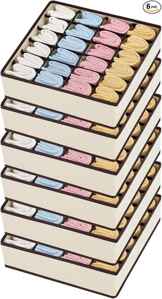 Joyoldelf Sock Organizer Drawer Organizer - Underwear Organizer, 24 Cell Collapsible Closet Organizers and Storage Sock Holders Organizers for Storing Socks, Ties, Belts 6 Pack Beige