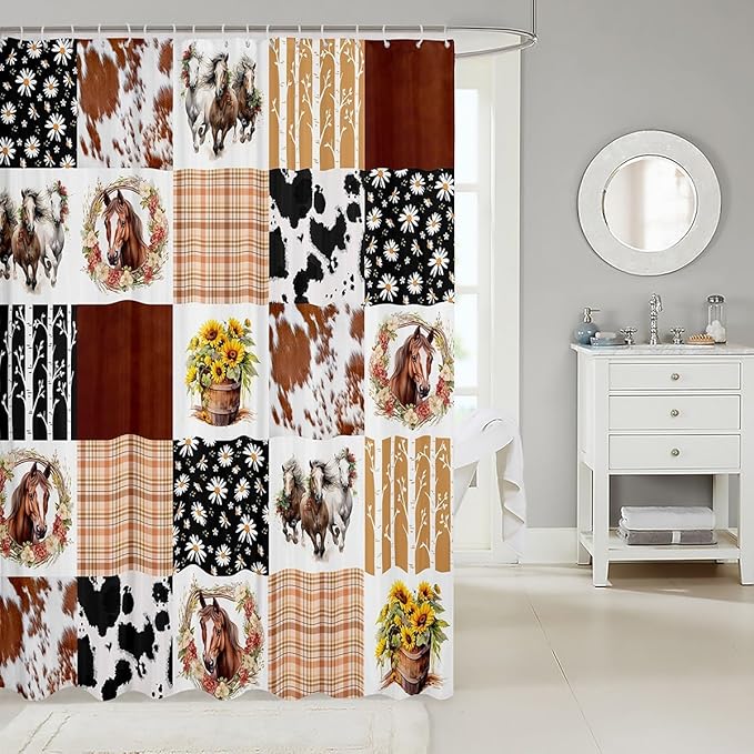 Feelyou Horse Shower Curtain 72"x72" Kids Cowboy Cow Fur Bathroom Shower Curtain Set for Boys Girls Teens Farm Geometric Stripes Bath Curtain Daisy Sunflower Bathroom Accessories