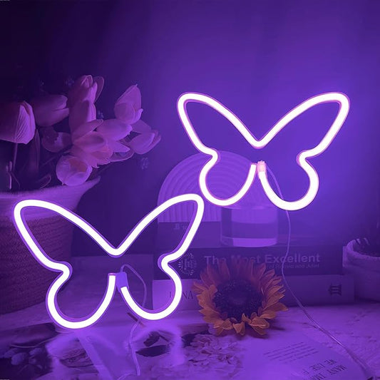 2 PCS Butterfly Neon Signs Purple Butterfly LED Neon Light for Bedroom,USB/3AA Battery Powered Neon Light Sign Wall Art for Valentines Day Birthday Wedding Party Home Bar Decorations
