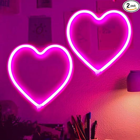 2-Pack Pink Heart Neon Sign, Neon Heart Lights Battery Operated or USB Powered Decoration Lamp, LED Wall Decoration Light for Mothers Day Decor Classroom, Dorm, Home, Wedding, Birthday and Party Décor