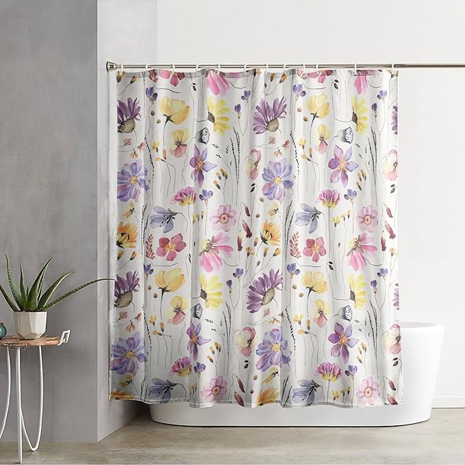 AILONEN Solemn Flowers Shower Curtain,Daisy Theme Bathroom Shower Curtain for Girls Kids Teens, 72" W*84" H Watercolor Patchwork Flowers Bathroom Decor for Bathroom