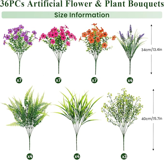 36 Bundles Artificial Flowers for Outdoors Spring Summer Decoration, UV Resistant Eucalyptus Violet and Lavender Silk Fake Plants for Outside Indoor Yard Home Patio Decor, Orange Rose Purple