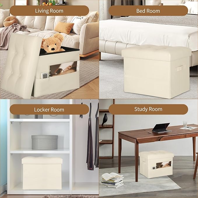 Storage Ottoman Foot Rest Stool, Folding Leather Footstool Bench with Thicker Foam Padded Seat. Short Foot Stool Ottoman with Storage for Living Room Bedroom 350 lbs, 17x13x13in, Beige