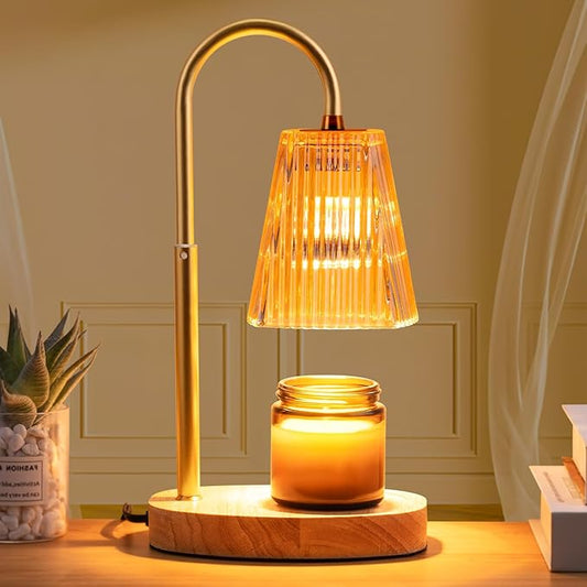 Candle Warmer Lamp - Dimmable Wax Melt Warmer with Amber Lampshade and 2 Bulbs for House Warming, Bedroom Decor
