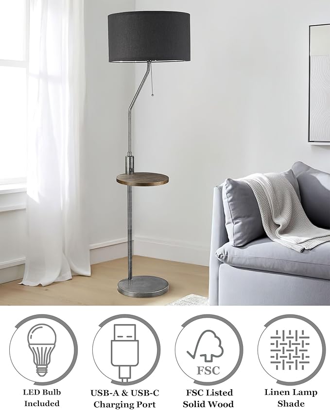 ELYONA C Shaped End Table Floor Lamp with USB A+C Charging Ports Wood Side Table Modern Reading Light Black Linen Shade Farmhouse Tall Standing Lamp for Living Room Bedroom Office LED Bulb Included