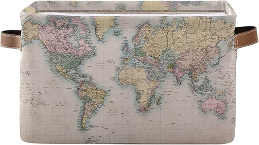 Vintage World Map Storage Basket Collapsible Laundry Organizer with Leather Handles Retro Map Print Rectangular Storage Box Bin 1 PC for Bathroom Clothes Kids Toys Nursery