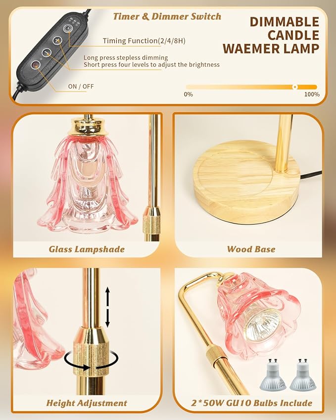 Candle Warmer Lamp with Timer, Adjustable Height and Dimmable, Birthday Gifts for Womens, Mothers Day Gifts for Mom, Unique Home Decor Aesthetic (Pink)