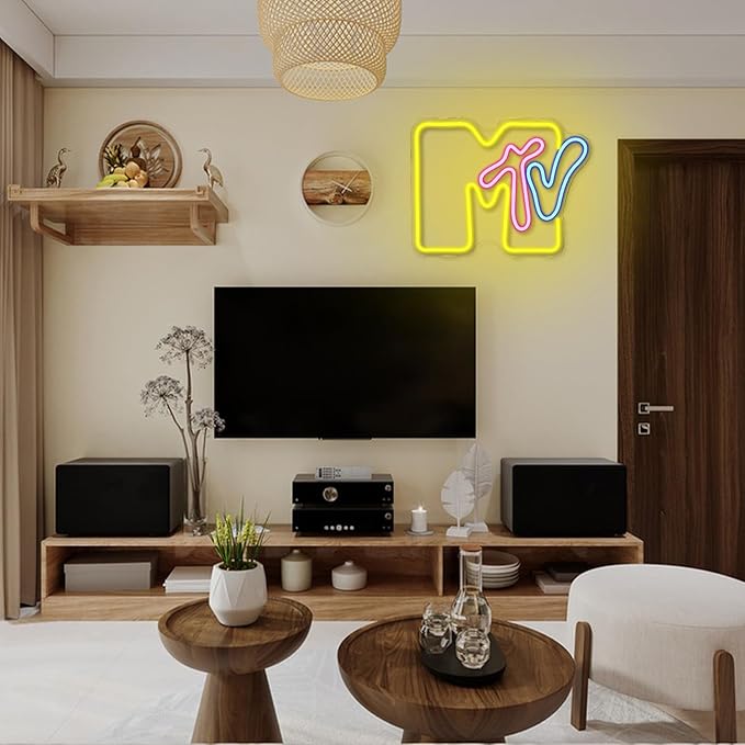 Neon Sign for Wall Decor - MTV Neon Light Up Sign Yellow LED Neon Light for Bedroom, Music Room, Record Room, Recording Studio, Bar Decoration