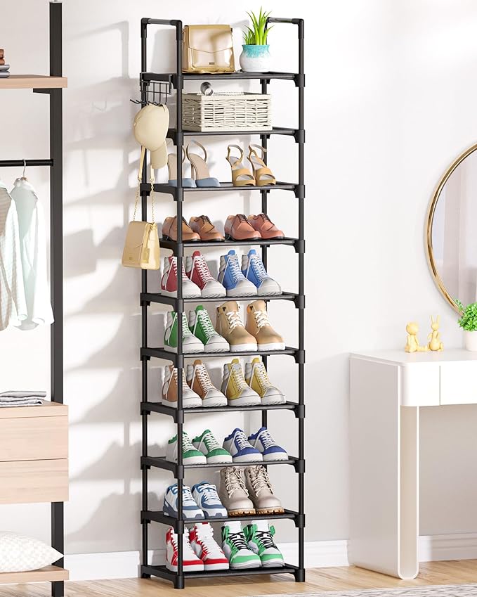 Kitsure Shoe Rack - 10-Tier Shoe Organizer with Detachable Fabric Shelves & Thick Metal Frame, Easy-to-Assemble Tall Shoe Rack for Closet, Entrance, Living Room, 16.9"×11.8"×68.5", Black