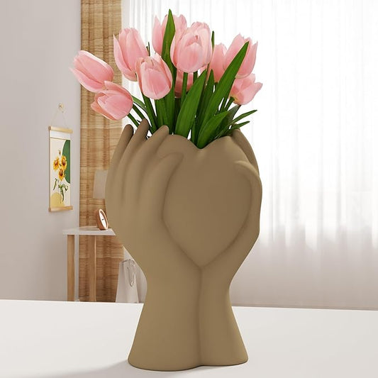 8 Inch Heart Hand White Ceramic Vase - Unique Modern Aesthetic Flowers Vase for Living Room Bedroom Office Kitchen Table Centerpiece or Shelf Decor - Gifts for Wedding Bridal Shower Women Mom (Brown)