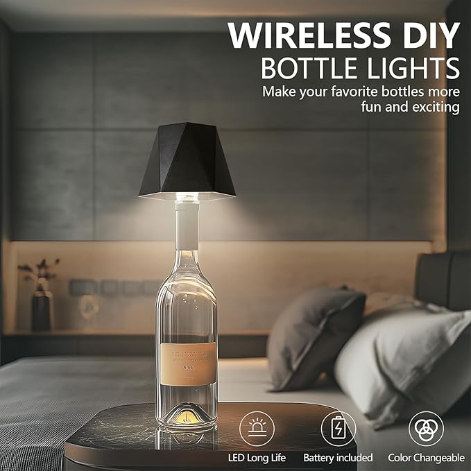 Wine Bottle Lamp, 2025 New 3 Color Rechargeable Wireless Bottle Lamp for Liquor Bottles with Touch Dimming for Parties, Restaurants & Home Decor (Black)