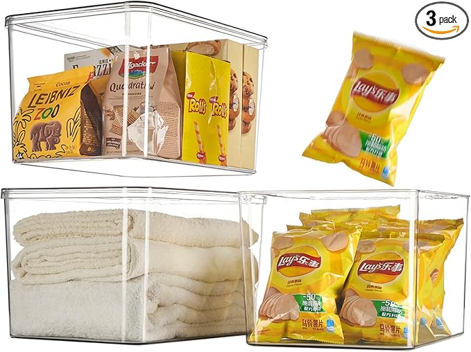 Clear plastic storage bins with LIDS-3packs,storage containers for snacks, cosmetics, books, dog food, Storage Organizer for Nursery，Kitchen, Living room,Bedroom, Bathroom, Office